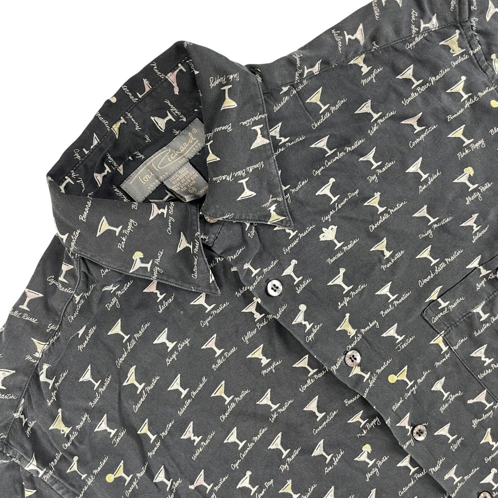 Tori Richard Shirt Mens M Black Martini Graphic Button Down‎ Pocket Aloha Casual